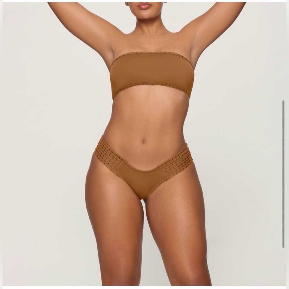 SKIMS Rhinestone Swim Bandeau Bikini Top Almond